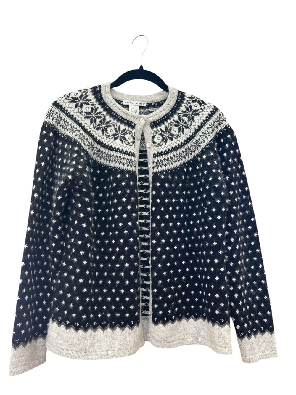 Vintage Jillian Jones Fair Isle Angora Wool Rhinestone Nordic Cardigan L Ski - Picture 2 of 5